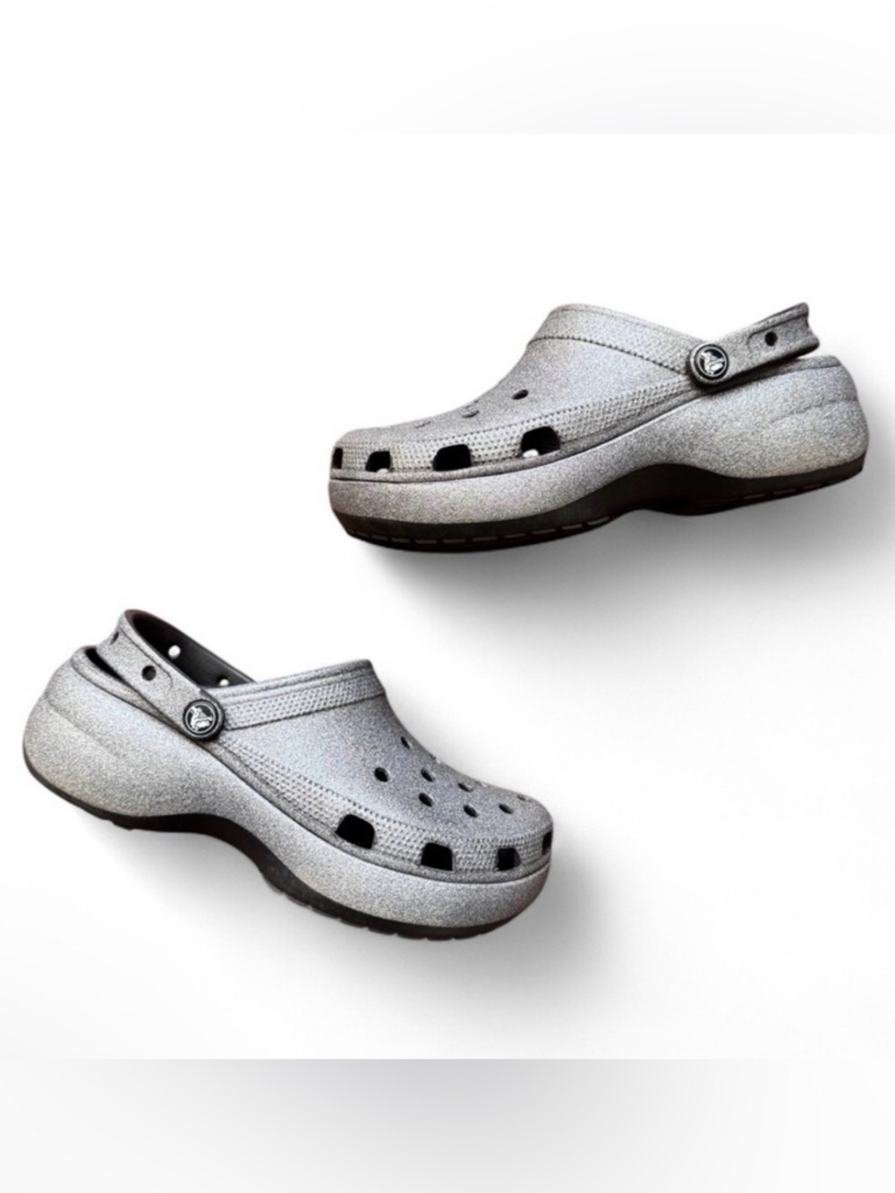 Crocs Women's Platform Glitter Clogs Grey Size 9 Sparkly Slip On Comfort Glam
